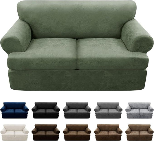 3-Pieces T Cushion Loveseat Slipcovers Leather Look Couch Cover Loveseat Covers for 2 Cushion Couch Furniture Protector Stretch Sofa Cover with 2 Individual T Cushion Seat Covers, Army Green
