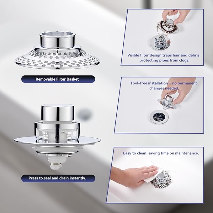 Universal Bathtub Drain Stopper with Removable Hair Catcher, 3-in-1 Pop-up Drain Plug Fits 1.38 to 2.1 Inch Holes, Upgrade Shower Drain Cover with Stainless Steel Filter