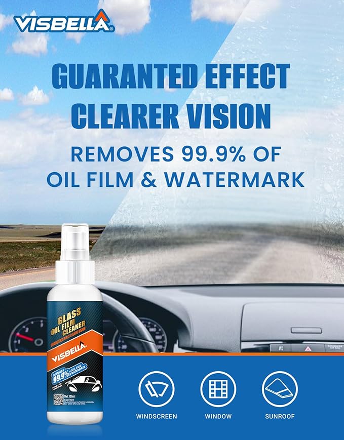 Oil Film Cleaner Spray, Car Windshield Wiper Fluid Liquid, Clear Vision Auto Windows & Rear-view Mirror, Watermark Spot Remover for Glass Surfaces, Automotive Rain Repellent Tool 3.38FL.OZ.