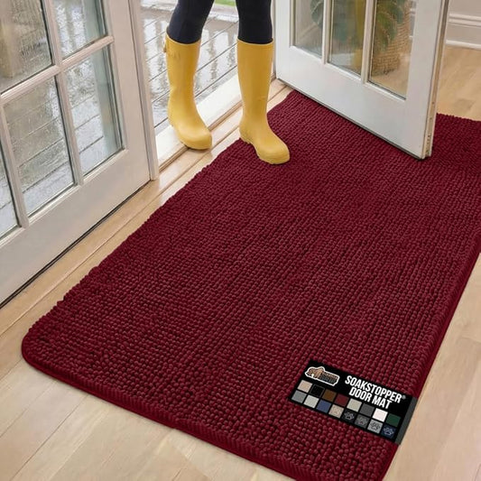 GORILLA GRIP SoakSTOPPER Dog Door Mat, 60x36 Machine Washable Rug Absorbent Doormat Captures Moisture Mud Dirt, Quick Dry Soft Chenille Entryway Rugs Indoor Entrance Mats for Dog Paws, Burgundy