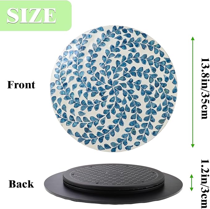 13.8" Mother of Pearl Lazy Susan Turnable Organizer, 360 Degree Round Table Countertop Decorative Spinning Tray for Kitchen Cabinet Counter Spice Pantry Dinner Table (Blue Wicker)