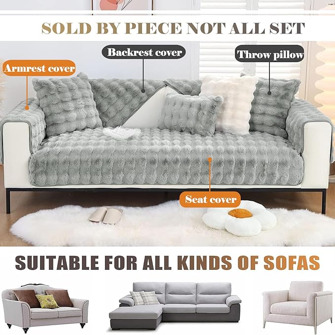 Soft Warm Faux Fur Couch Sofa Cover Thick Shaggy Fuzzy Sectional Couch Cover Non-Slip Solid Color Plush Sofa Slipcover Furniture Protector for Kids, Pets (Light Grey,36"x36")