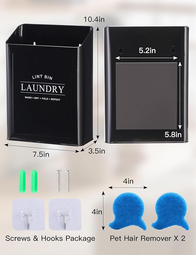 Magnetic Lint Trash Can for Laundry Room, Metal Dryer Lint Bin with 2 Pet Hair Remover, Farmhouse Laundry Room Decor, Black