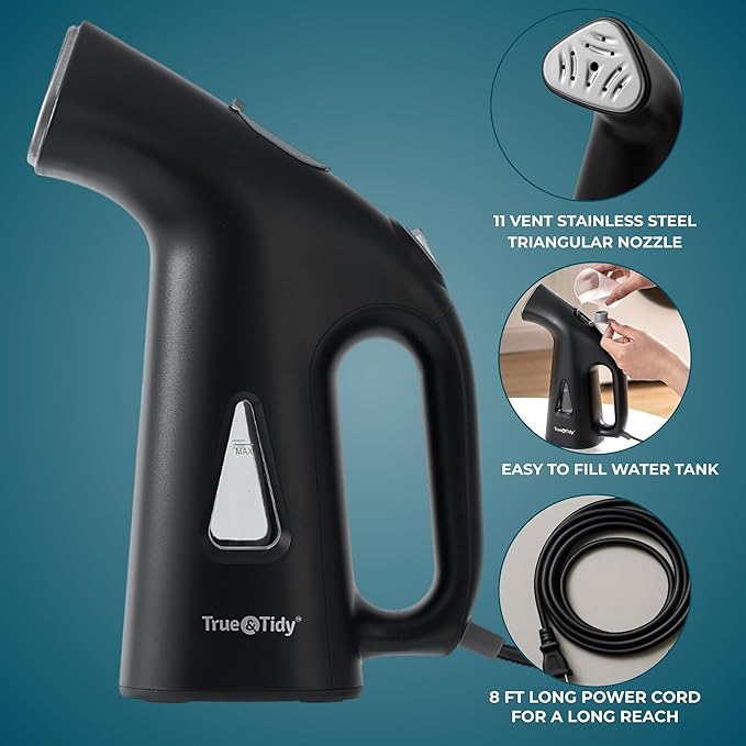 True & Tidy® Handheld Garment Steamer for Clothes with Water Cup Accessory, Portable Travel Steam Iron, Stainless Steel Plate up to 10 mins of Continuous Steam, 800 Watts, Black