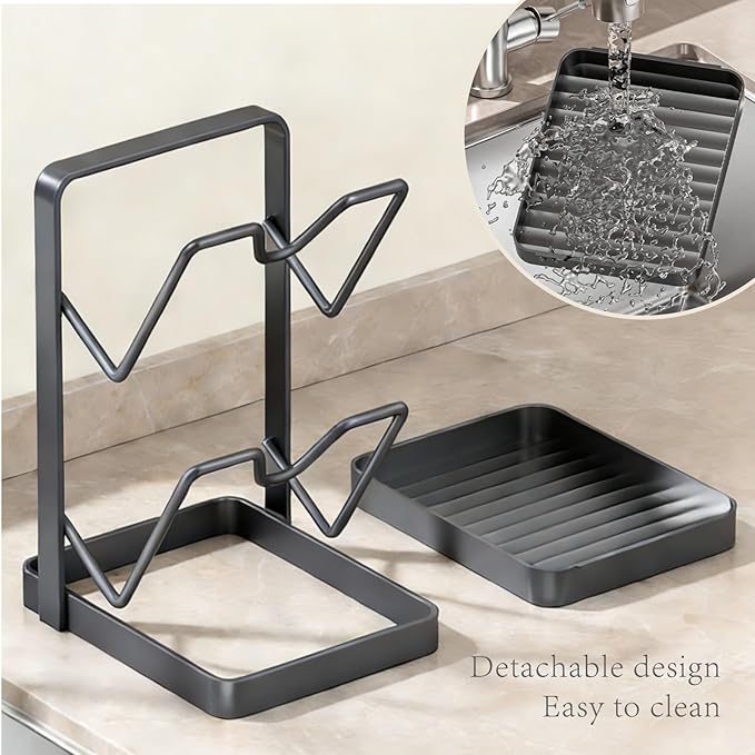 Pot Lid Organizer with Removable Drip Tray, 2-Tiers Stainless Steel Pots and Pans Organizer, Multifunctional Pot Lid Holder, Lids and Spoon Rest for Countertop, Kitchen Cabinet Organizer (Black)