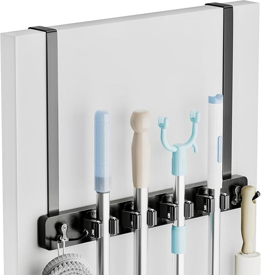 Lorbro Broom Holder Door Mount, Over the Door Broom and Mop Holder with 2 Over Door Hooks, Wood Broom Hanger, Tool Rack Organizer for Laundry, Garage, Closet, Kitchen Decor, 4 Slots & 4 Hooks Rustic