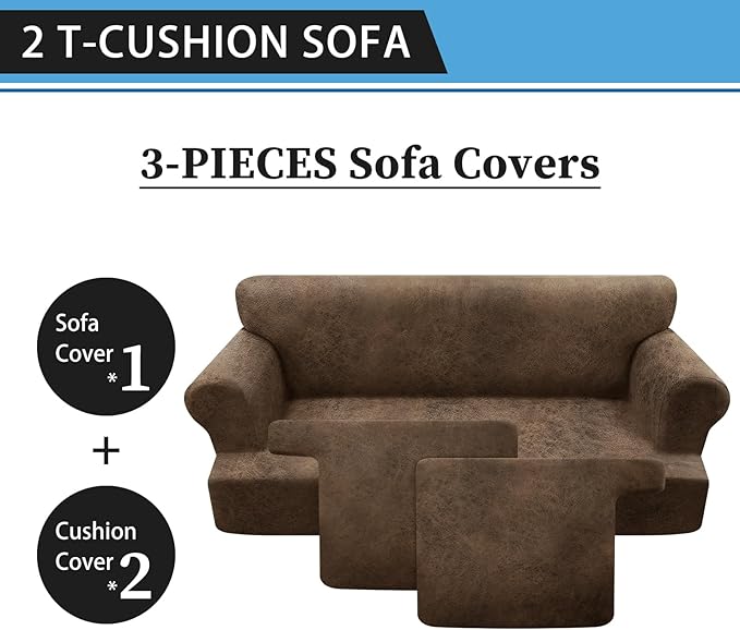 3-Pieces T Cushion Sofa Slipcovers Leather Look Couch Cover for 2 Cushion Couch Furniture Protector Stretch Sofa Cover with 2 Individual T Cushion Seat Covers Washable, Light Brown