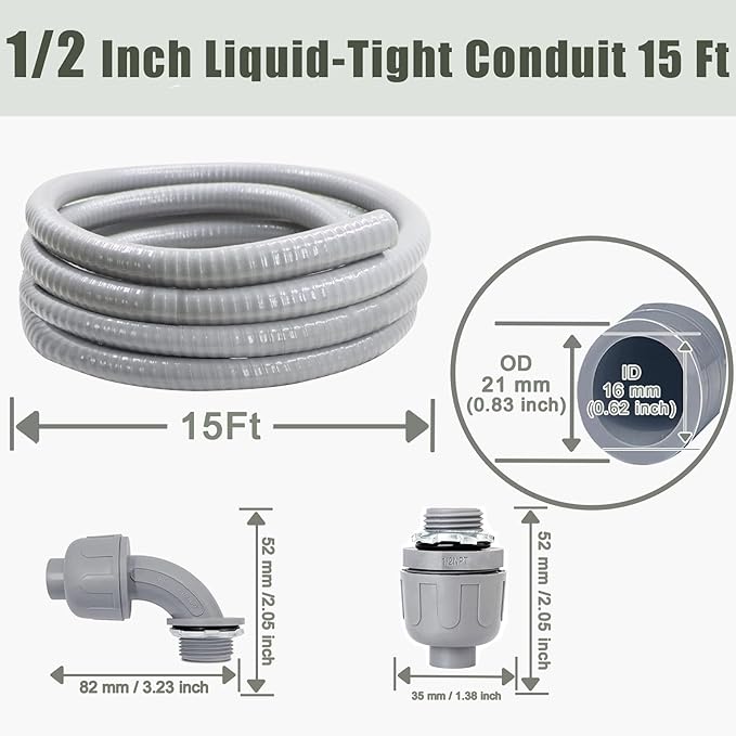 Liquid-Tight Conduit and Connector Kit - 1/2 Inch 15 FT Non Metallic Liquid Tight Electrical Conduit with 2 Straight and 2 Angle Fittings