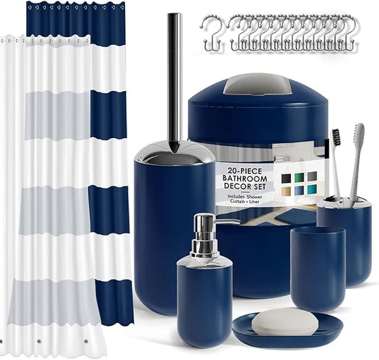 Clara Clark Bathroom Set - Navy Bathroom Accessories Set, 20PC Bathroom Accessory Set, Shower Curtain Set with Liner, Toothbrush Holder, Soap Dispenser, Soap Dish, Toilet Brush Holder, and Trash Can