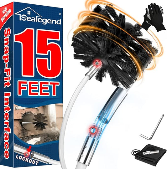 Sealegend 15 Feet Dryer Vent Cleaner Kit/Lint Remover/Upgraded Flexible Quick-Snap Brush with Drill Attachment/Fireplace Chimney Brushes for Easy to Clean/Cleaning Tool Use with or Without Power Drill