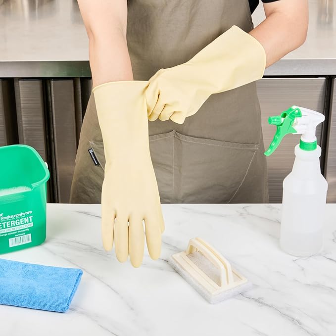 Restaurantware-Clean Tek Professional 22 Mil Large Cleaning Gloves, 10 Pairs Of Long Cuff Gloves - No-Slip Grip, No-Powder, Yellow Latex Gloves For Kitchen Cleaning, Ideal For Washing Dishes