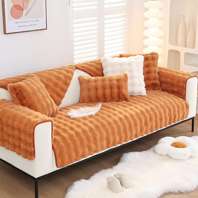 Soft Warm Faux Fur Couch Sofa Cover Thick Shaggy Fuzzy Sectional Couch Cover Non-Slip Solid Color Plush Sofa Slipcover Furniture Protector for Kids, Pets (Dark Orange,36"x70")