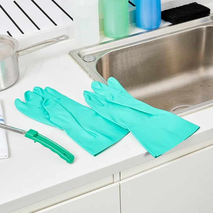 Restaurantware Green Cleaning Gloves 10 Pairs 15 Mil Thick XXL Heavy-Duty Nitrile Gloves With Long Cuff No-Latex Flock Lining For Use In Hospitals, Laboratories, Kitchens and Households