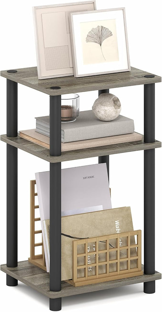 Furinno Turn-N-Tube Side Table, 3-Tier End Table with Open Shelf, Toolless Assembly Night Stand, Bedside Table, for Living Room, Bedroom, Grey Oak