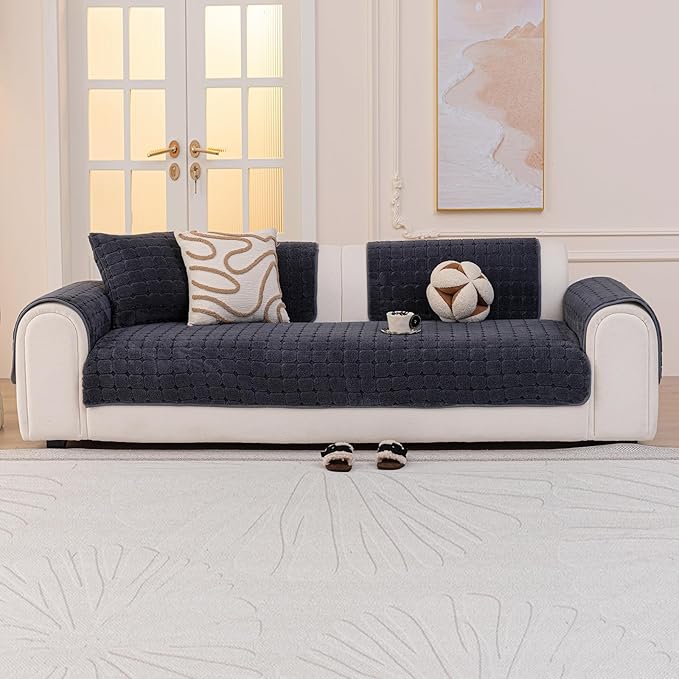 Velvet Sofa Covers Washable, Plush Warm Couch Cover for Loveseat, Funny Fuzzy Couch Covers for Pets&Kids, Non-Slip Sectional Sofa Cover(1PC, Dark Grey, 35.4"×63", Loveseat)