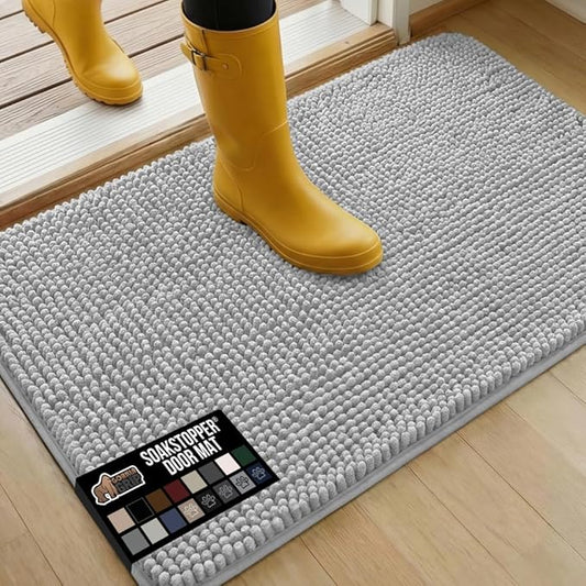 GORILLA GRIP SoakSTOPPER Dog Door Mat, 36x24 Machine Washable Rug Absorbent Doormat Captures Moisture Mud Dirt, Quick Dry Soft Chenille Entryway Rugs Indoor Entrance Mats for Dog Paws, Light Gray
