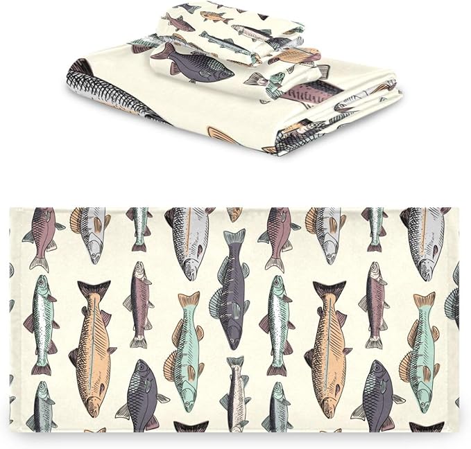 3 Piece Vintage Fishes Bath Towel Set,Microfiber Decorative Colorful Cartoon Carpet Lake Fish Animal Bathroom Towels,1 Bath Towel 1 Hand Towel for Bathroom Kitchen,1 Washcloth for Body Face
