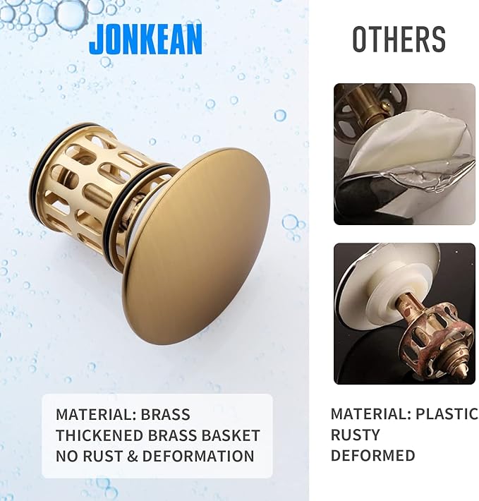 JONKEAN Bathroom Pop Up Drain with Overflow,Vanity Vessel Sink Drain with Detachable Basket,Pop Up Drain Stopper Hair Catcher, Built-in Anti-Clogging Strainer (Brushed Gold, with Overflow)