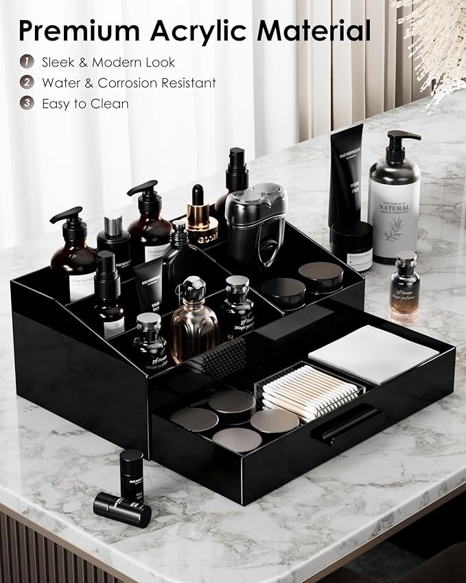 ProCase Cologne Organizer for Men with Drawer, Acrylic Perfume Holder & Bathroom Countertop Organizer for Men & Women, Dresser Vanity Storage for Cologne, Perfume and Skincare -1 Layer