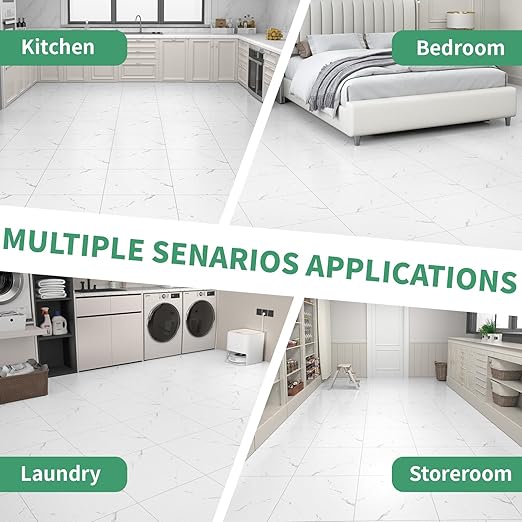 20 Pack Cover 20 Sq.Ft Peel and Stick Floor Tiles, 12” x 12” Self Adhesive Vinyl Flooring Easy DIY Installation for Kitchen, Living Room, Laundry, RV, Matte White Vein Marble