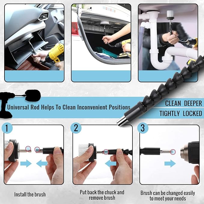 HUAWELL 8 Piece Soft White Drill Brush with Extend Attachment Set-Car Interior Detailing Kit, All Purpose for Car, Boat, Seat, Carpet, Upholstery, Bathroom, Grout, Floor and Tile (White)