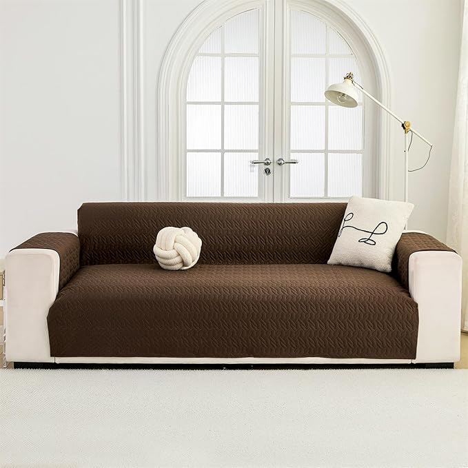 Cmfshape Skidproof Loveseat Cover-Geometrical Couch Slipcover with Elastic Straps-Easy Fit Slip Cover-Washable Furniture Protector for Pets and Kids(Loveseat46,Coffee)