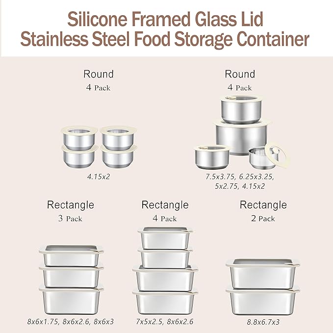Stainless Steel Food Containers with Glass Lid, Airtight Leakproof Stainless Steel Storage Containers in set of 3, Rectangle Shape, Microwave Safe Food Storage Container Set, 100% Plastic Free