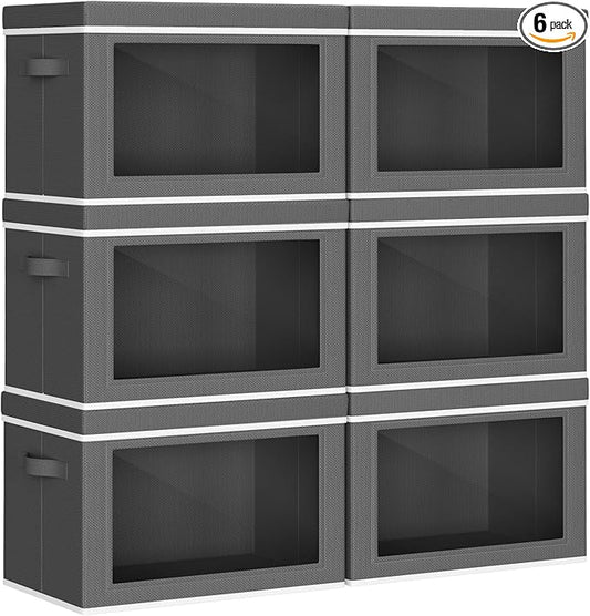 Collapsible Storage Bins with Lids - Stackable Storage Containers with Window, 6 Pack Fabric Cube Bins for Closet, Home & Office Organization Baskets, Dark Gray, 14.9" x 9.8" x 9.8"