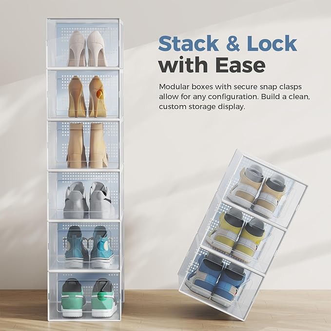 DUMOS Stackable Shoe Storage Boxes, 15-Pack Plastic Shoe Organizers with Lids, Large Shoe Rack & Holder for Closet, Under Bed, Entryway, Sneaker Display and Storage Containers, White
