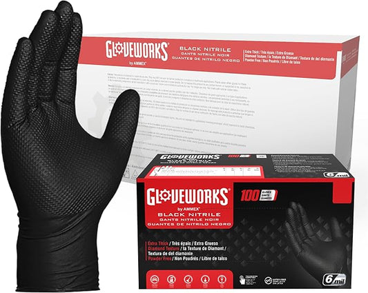 GLOVEWORKS Green Nitrile Gloves 8 Mil Disposable Heavy Duty Raised Diamond Texture Latex Free Industrial Mechanic Glove