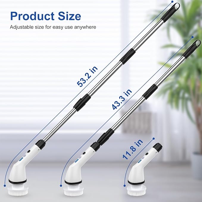 Electric Spin Scrubbers, Cordless Cleaning Brush, Versatile Floor Tile Scrubber Dual Speed with 6 Replaceable Heads and Adjustable Extension Handle for Efficient Bathroom Tub and Floor Cleaning-White