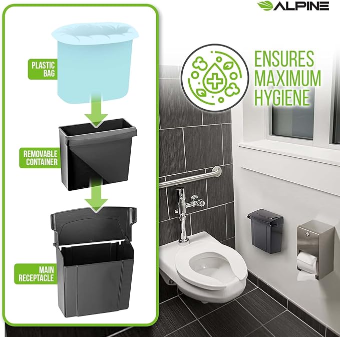 Alpine Sanitary Napkin Receptacle - Feminine Hygiene Disposal Container, Wall Mounted Trash Can with Odor Control Seal & Installation Hardware (Black)