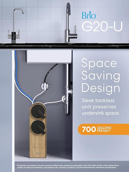 Brio G20-U Reverse Osmosis Water Filtration System, Smart Display Faucet, 700 GPD, 2:1 Pure to Waste, TDS Reduction, Composite & RO Filters, Brown