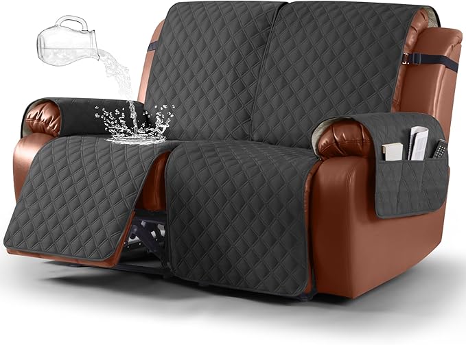 Ruaozz Waterproof Recliner Sofa Covers, 1-Piece Reclining Couch Covers Non-Slip Sofa Slipcover Washable Furniture Protector with Elastic Straps Pocket for Kids Pets (Charcoal Grey, 2 Seater)