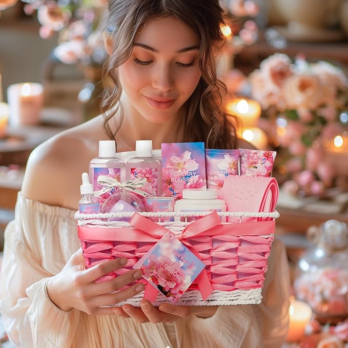 12 Pcs Bath & Body Gift Set Basket for Women, Cherry Blossom Bath and Body Gift, spa kit Skin Care Set, Self Care Pampering Kit, Diffuser, Home Spa, cosmetic Bag, Birthday, Mother Day, Bridal Shower