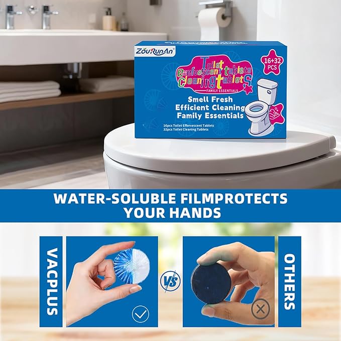 24 PACK Toilet Cleaning Tablets Set - 8 Effervescent Toilet Bowl Cleaners Tablets + 16 White Blue Toilet Tank Tablets, Double-Action Formula for Stain, Water Deposit Removal