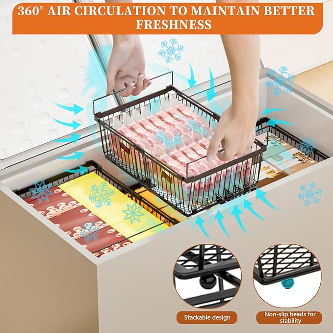 Large Freezer Organizer Bins，Upgraded Bottom Leak-Proof net，6 Pack， Expandable Stackable Chest Freezer Containers with Handle，for Fridge, Deep Freezer, Cabinet, Kitchen, Pantry (Black-6Pack)