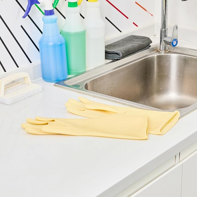 Restaurantware-Clean Tek Professional 22 Mil Medium Cleaning Gloves, 10 Pairs Of Long Cuff Gloves - No-Slip Grip, No-Powder, Yellow Latex Gloves For Kitchen Cleaning, Ideal For Washing Dishes