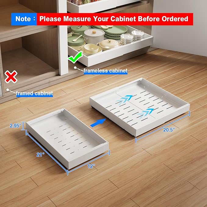 2 Pack Pull Out Cabinet Organizer Expandable, 21"Deep Slide Out Drawer for Cabinets Adhesive Pull Out Drawers Heavy Duty Pull Out Shelves for Kitchen, Cupboard, Pantry, Bathroom(White)
