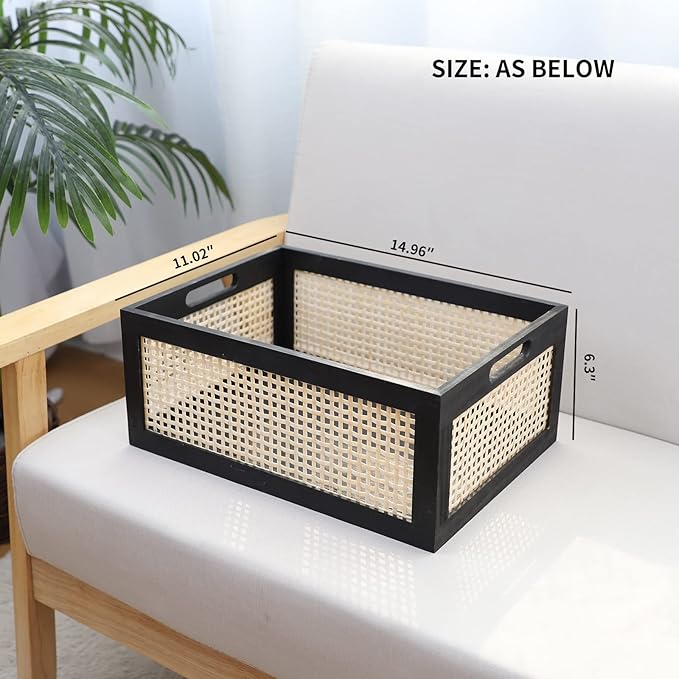 Black Wooden Basket, Rattan Storage Basket for Organizing, 14.96"x11.02"x6.30"