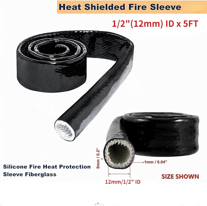 1/2"(12mm) ID Fire Sleeve Silicone Coated Fiberglass for Automotive Hose Lines Wires& Electrical Wiring Black, 5 feet