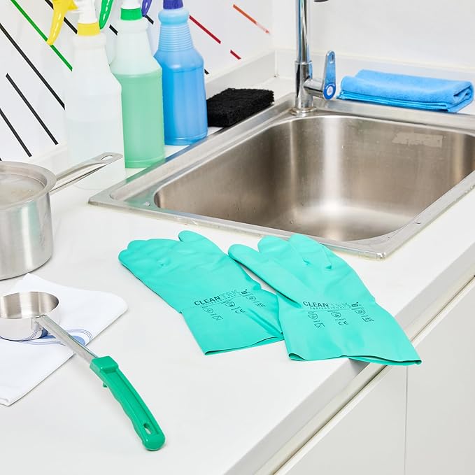 Restaurantware Green Cleaning Gloves 10 Pairs 15 Mil Thick XXL Heavy-Duty Nitrile Gloves With Long Cuff No-Latex Flock Lining For Use In Hospitals, Laboratories, Kitchens and Households