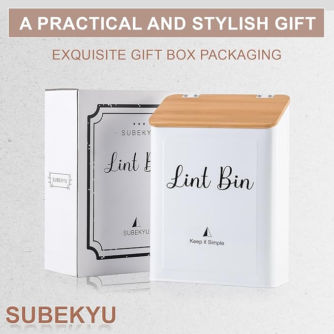 SUBEKYU Magnetic Lint Bin for Laundry Room, Wall Mounted Metal Lint Box Holder with Lid for Dryer,Laundry Room Organization and Storage,Bamboo Lid Lint Basket,White