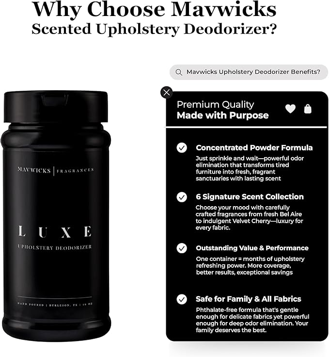 Fragrances - Upholstery Deodorizer (Luxe) 16 Oz - Rug, Couch & Carpet Deodorizer - Vacuuming Powder, Pet Safe Carpet Freshener Powder - Odor Eliminator for Home
