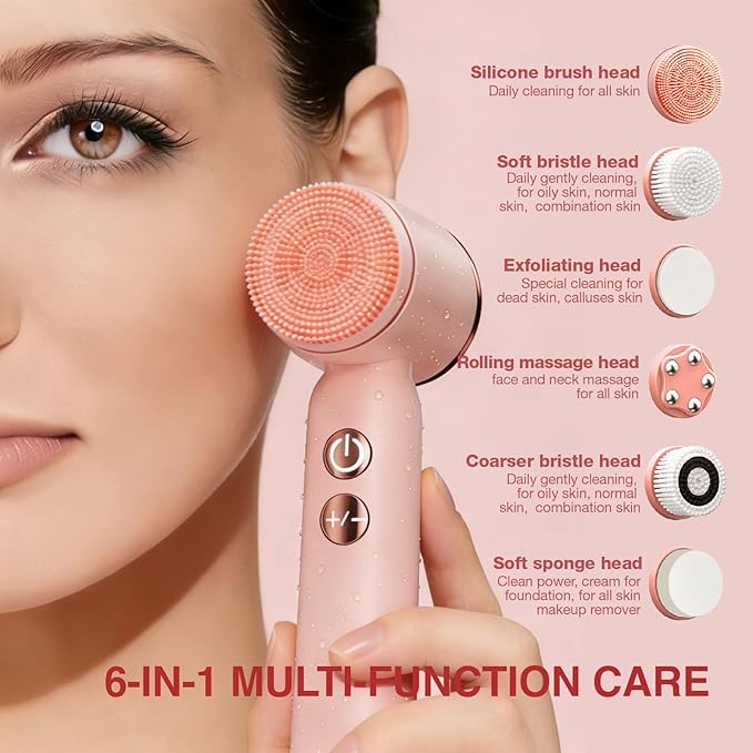 Electric Face Scrubber & Facial Cleansing Brush - 6-in-1 Exfoliating Face Scrubber Kit, 3 Speeds, IPX6 Waterproof Face Brush for Deep Cleaning, Massage & Gentle Exfoliation-Pink