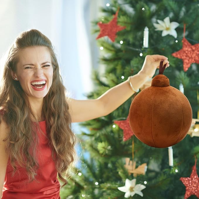 2 Pcs Christmas Pillows 7 Inch Round Christmas Ornament Shaped Throw Pillow Cute 3D Ball Xmas Throw Cushion Decoration for Bed Couch Sofa Chair Living Room(Brown and White)
