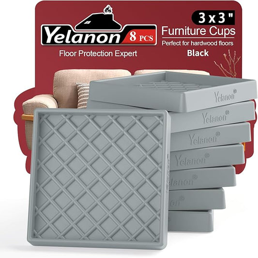 Furniture Coasters - 8 Pcs 3” Square Furniture Caster Cups Non Slip Pads Hardwoods Floors Non Skid Furniture Grippers Rubber Grid Feet Anti Slide Floor Protector for Bed Couch Stoppers Gray