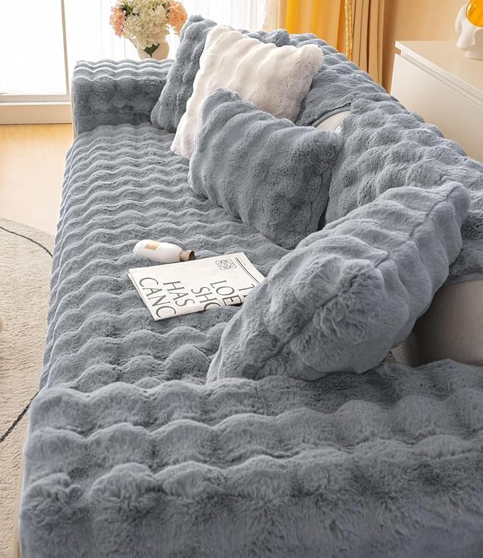 Soft Warm Faux Fur Couch Sofa Cover Thick Shaggy Fuzzy Sectional Couch Cover Non-Slip Solid Color Plush Sofa Slipcover Furniture Protector for Kids, Pets (Dark Grey,28"x35")