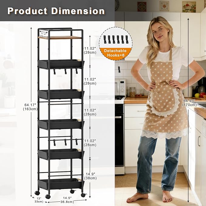 6 Tier Storage Cart with Pull-Out Baskets Rolling Storage Cart with Wheels Wood Top Organizer Rolling Utility Cart for Pantry Laundry Room Bathroom Kitchen Black 14.5”D x 13”W x 64.1”H