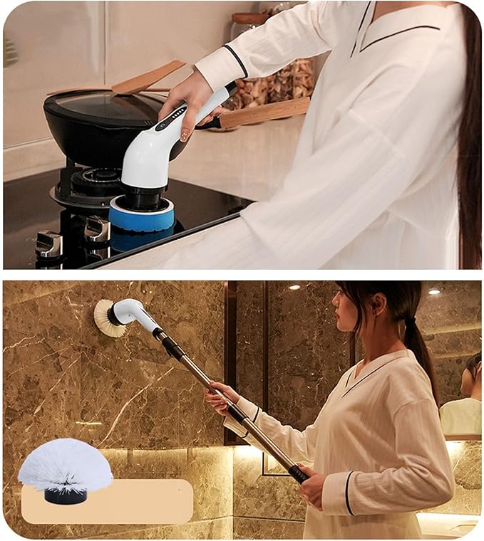 Brrnoo Cordless Electric Cleaning Brush, Multi Speed Adjustable with 3 Interchangeable Brush Heads and Telescopic Handle, IPX7 for Bathroom Kitchen Floors Furniture Cars